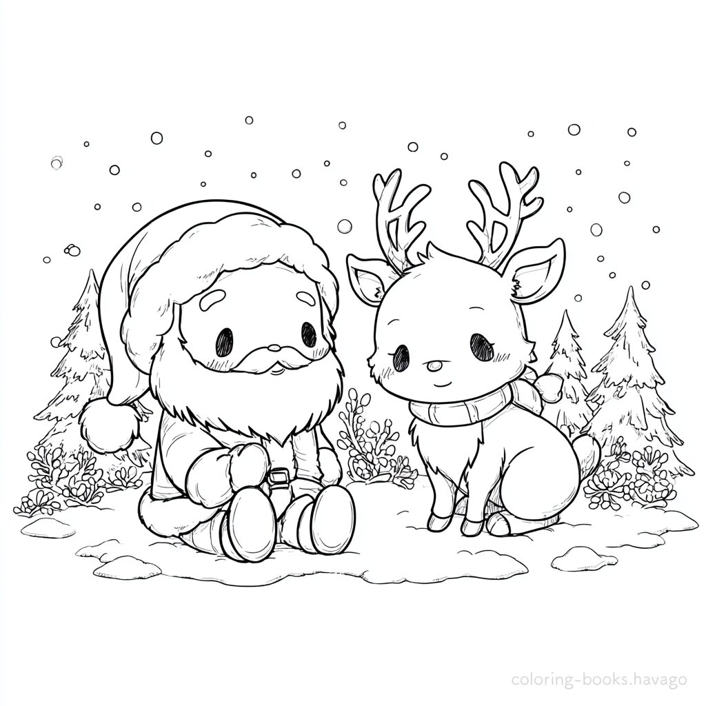 Cute Santa and Reindeer Coloring Page. | havago