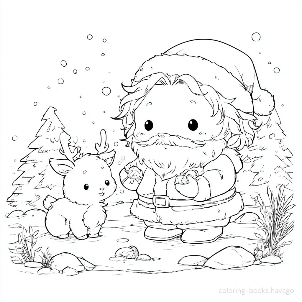 Santa Feeding a Baby Reindeer Coloring Page. | havago