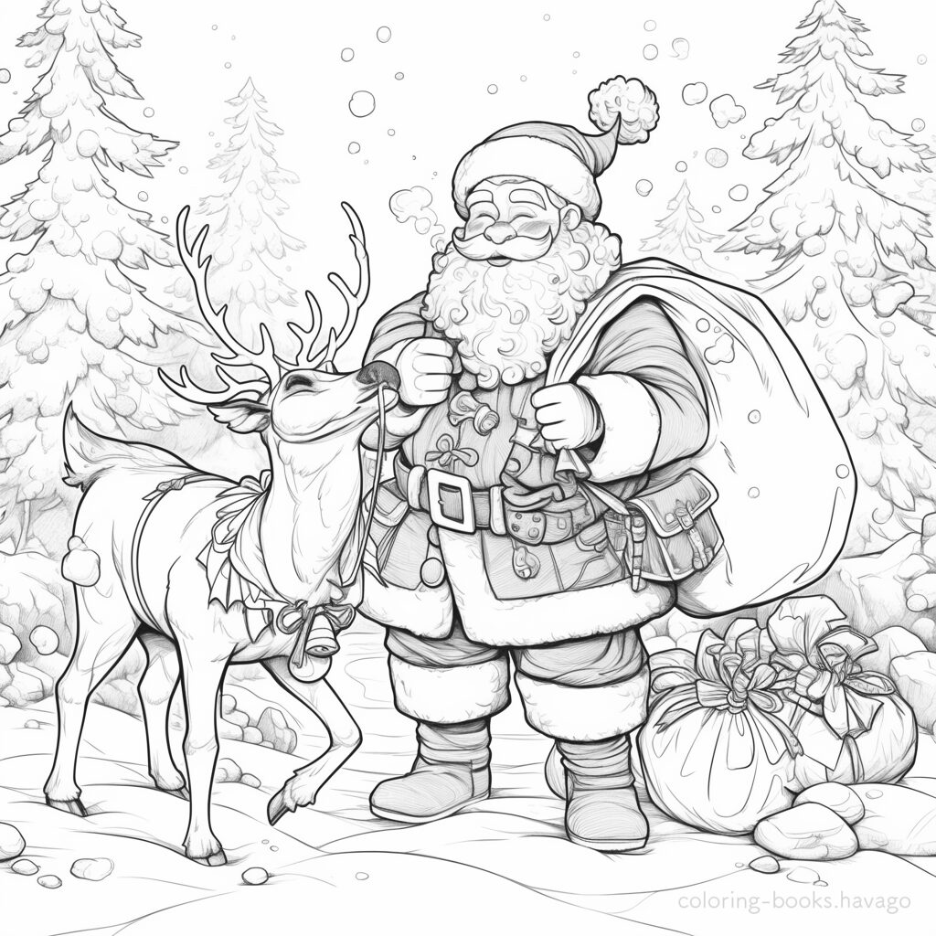 Santa and Reindeer Heading Out for Christmas Work Coloring Page. | havago