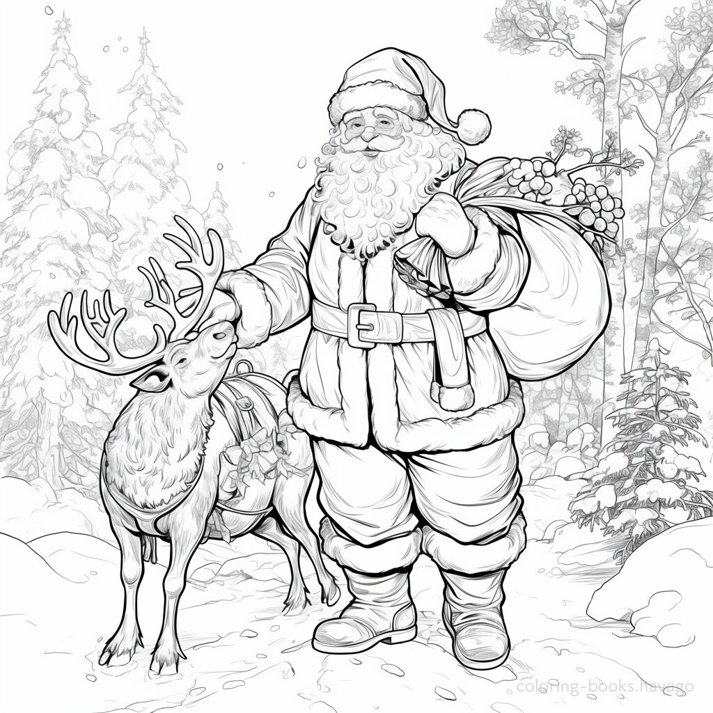 Santa Walking with Reindeer Coloring Page. | havago