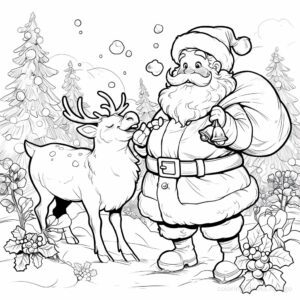 A cheerful reindeer enjoying a walk with Santa coloring page. | havago