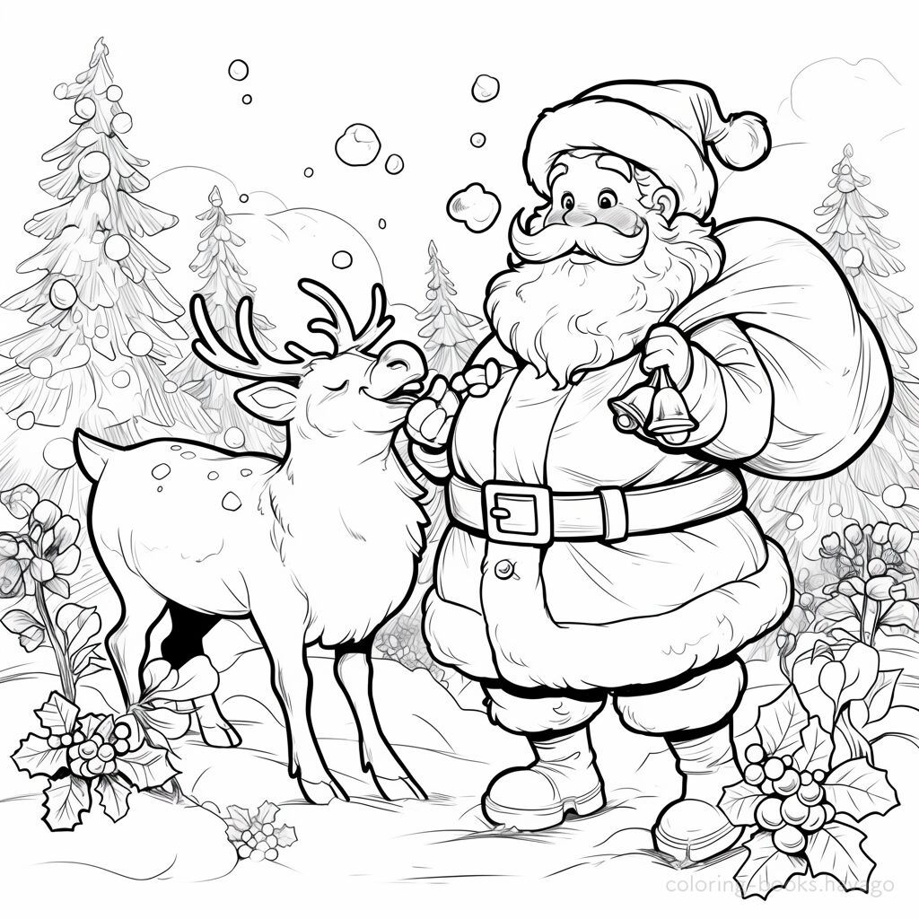 A cheerful reindeer enjoying a walk with Santa coloring page. | havago