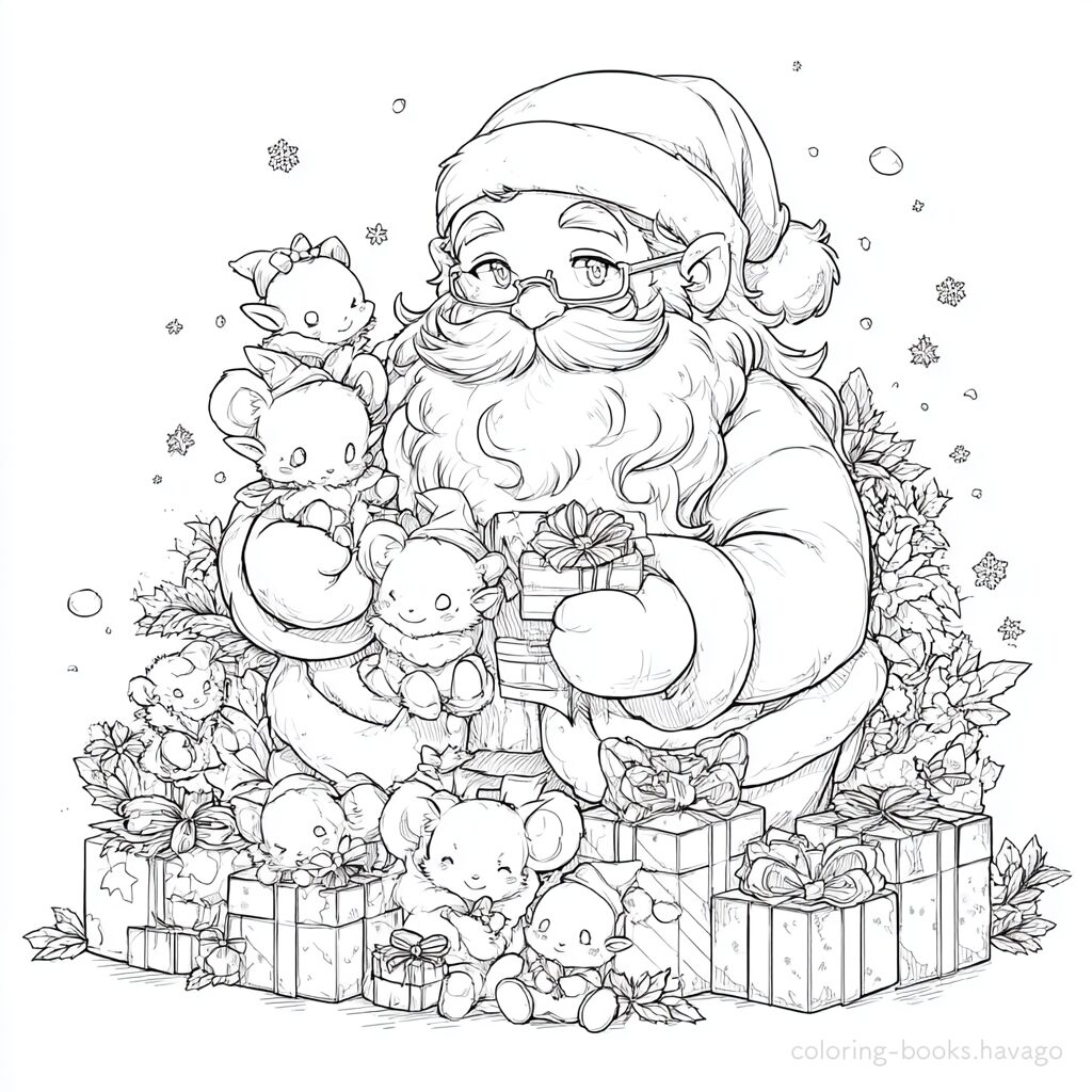 Forest Fairy and Santa Preparing Presents Coloring Page. | havago