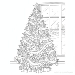 Coloring page of a large tree displayed by the window. | havago