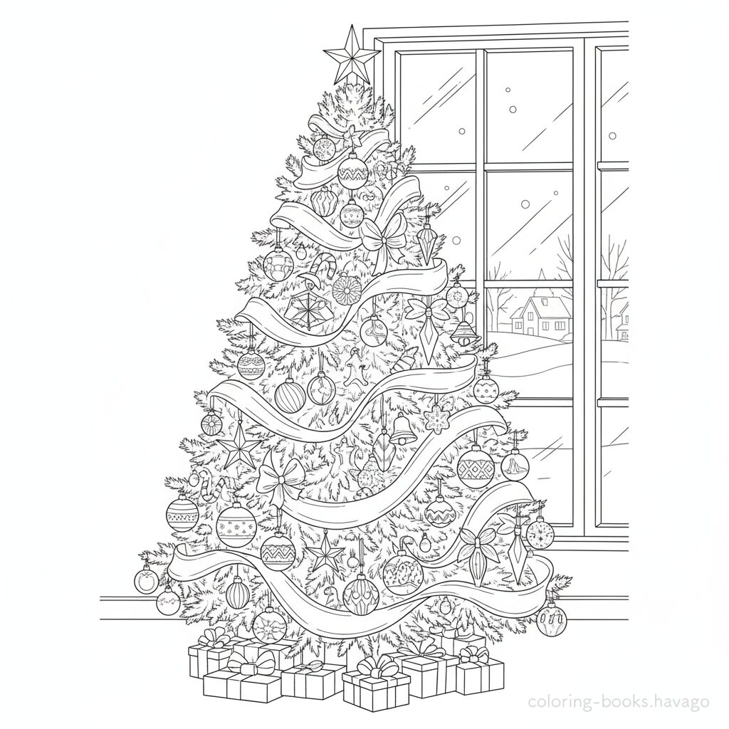 Coloring page of a large tree displayed by the window. | havago