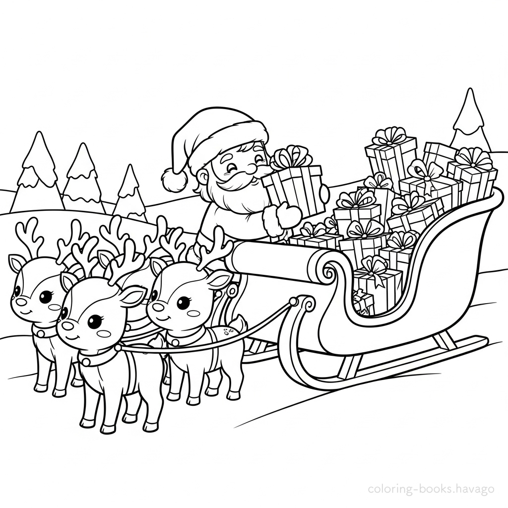 プレゼントをソリに乗せるサンタの塗り絵 | ハバゴ