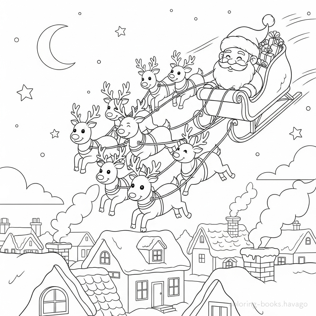 Reindeer Sleigh Racing Across the Night Sky Coloring Page. | havago