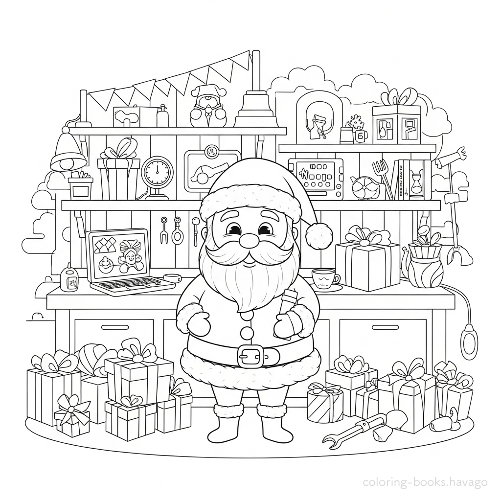 Santa Claus Making Presents Coloring Page. | havago