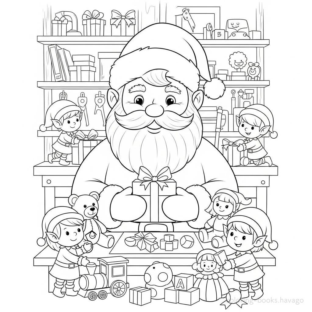 Santa Claus Preparing Presents with the Little People Coloring Page. | havago