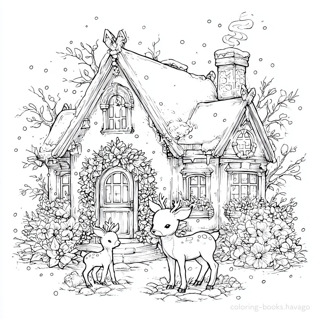 Deer Family and Cute House Coloring Page. | havago