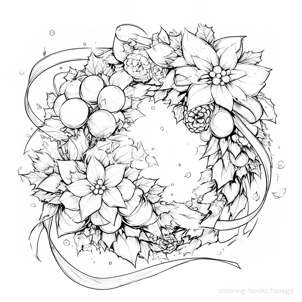 Poinsettia and Pinecone Christmas Wreath Coloring Page. | havago
