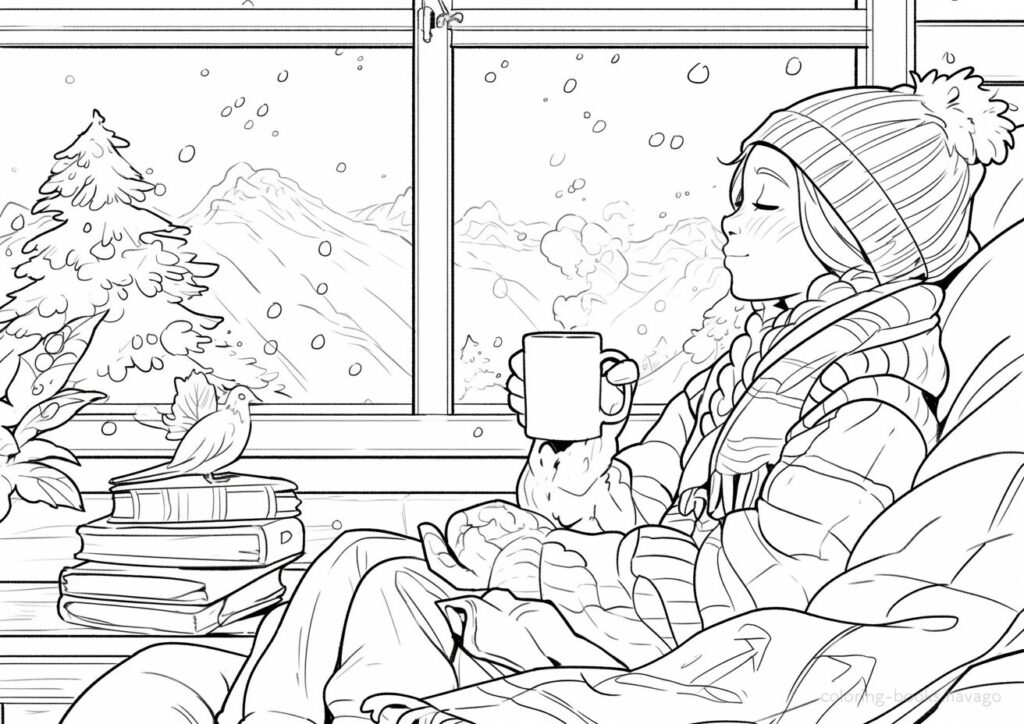 寒い日に暖かい部屋でリラックスタイムの塗り絵 | ハバゴ