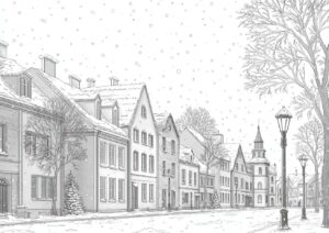 A quiet townscape with snow falling coloring page. | havago