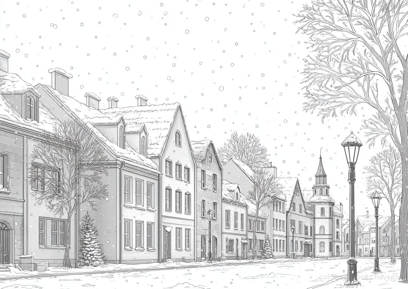 A quiet townscape with snow falling coloring page. | havago