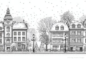 A snowy scene of a town lined with beautiful buildings coloring page. | havago