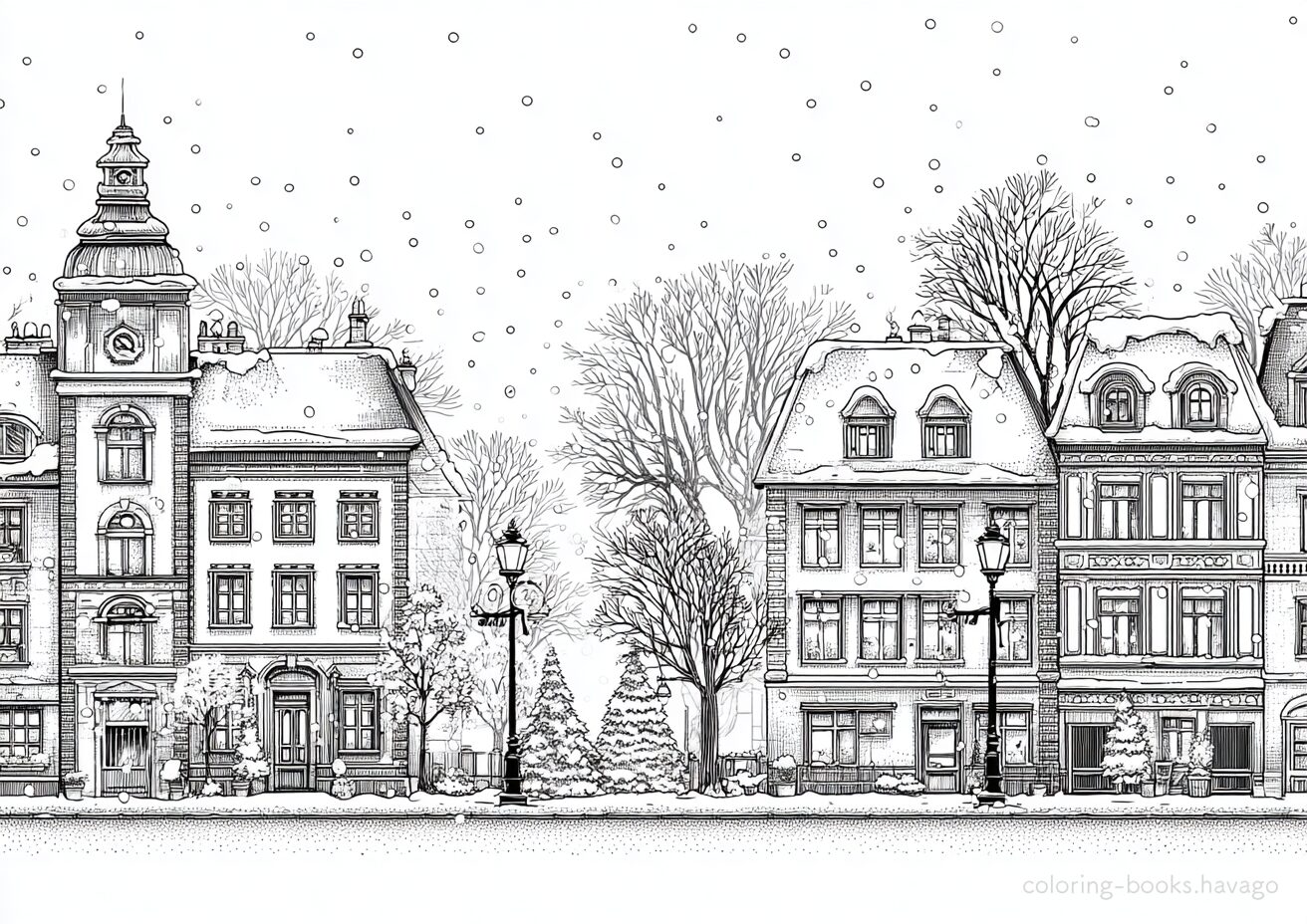 A snowy scene of a town lined with beautiful buildings coloring page. | havago