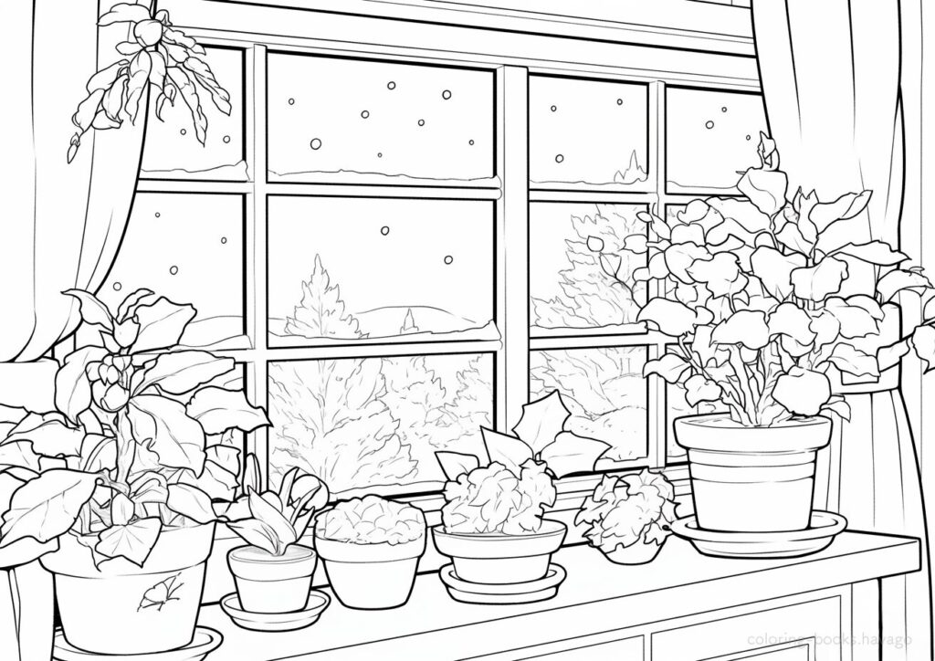 観葉植物が並ぶ冬の窓辺の塗り絵 | ハバゴ