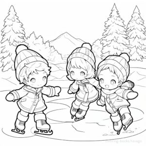 Coloring page of children skating on a frozen lake. | havago