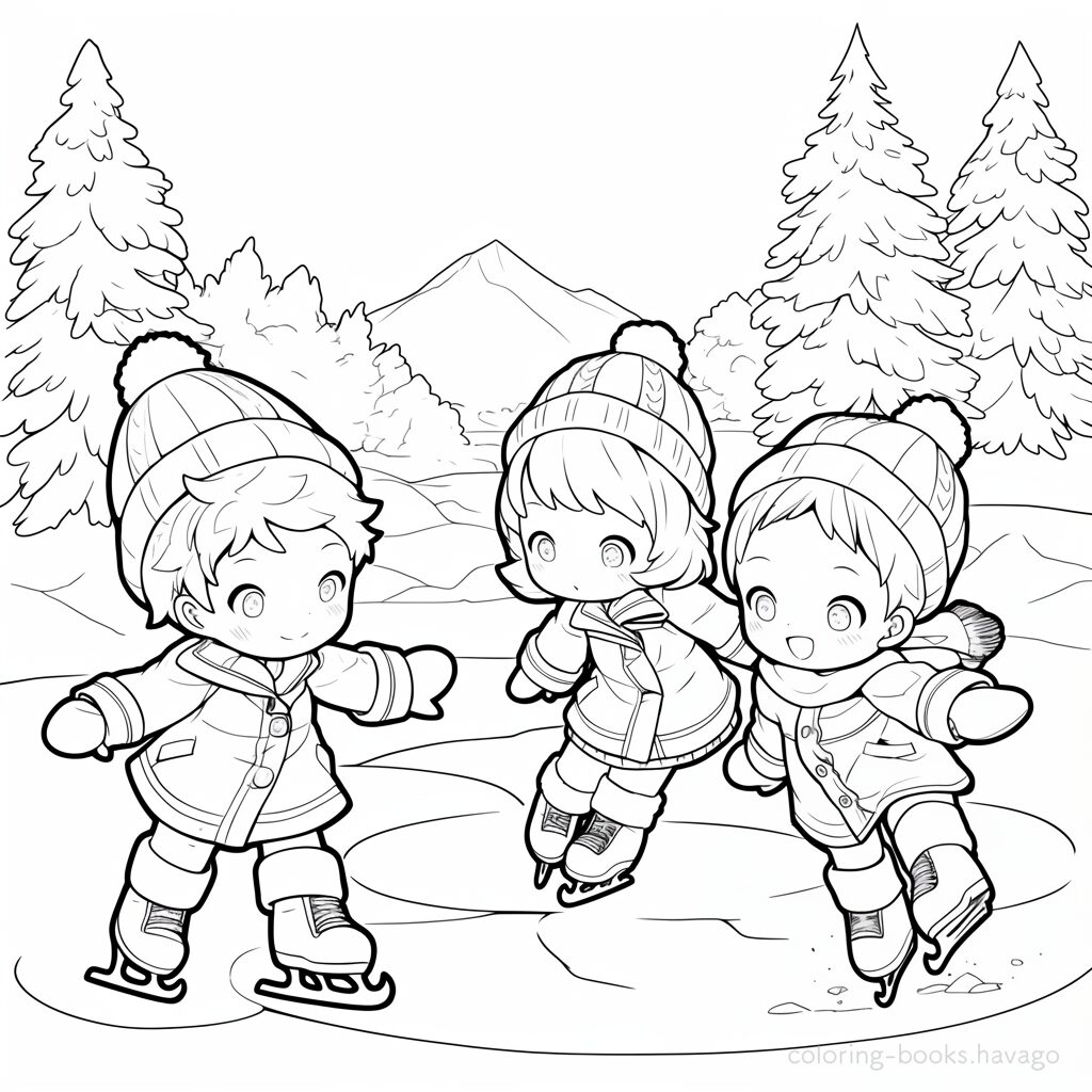 Coloring page of children skating on a frozen lake. | havago