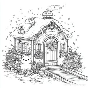 Cute House with Snowman Coloring Page. | havago