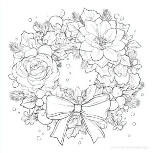 Poinsettia and Ribbon Christmas Wreath Coloring Page. | havago