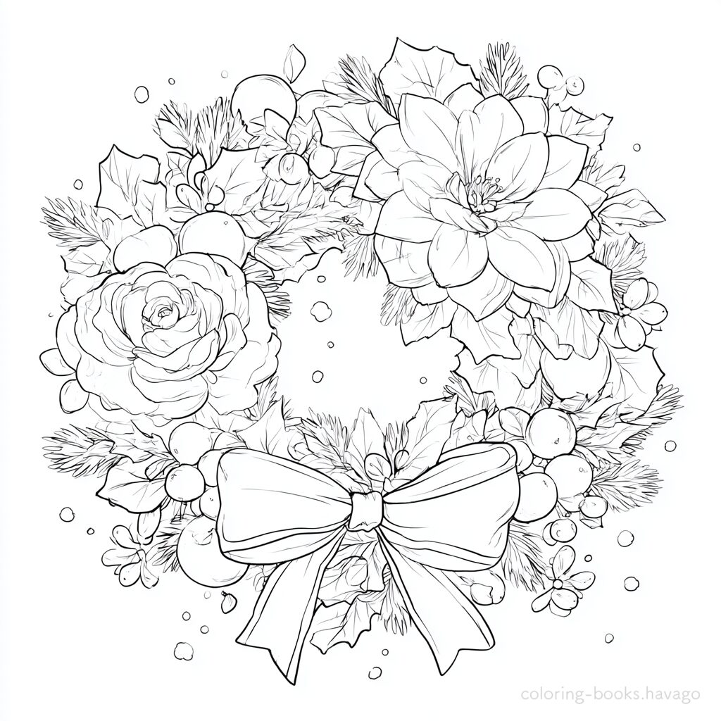 Poinsettia and Ribbon Christmas Wreath Coloring Page. | havago