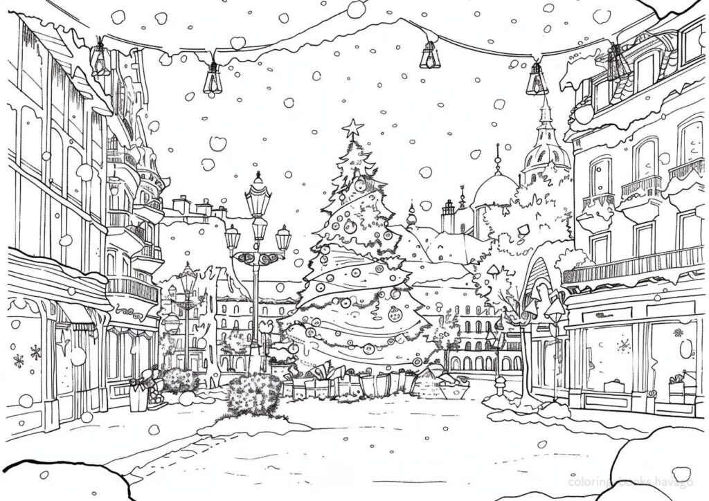 大きなツリーが飾ってある街の広場の塗り絵 | ハバゴ