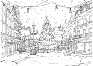 A coloring page of the town square with a large decorated tree. | havago