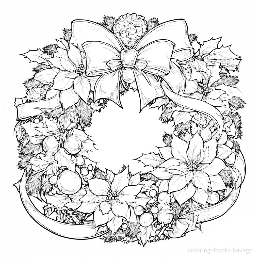 Christmas wreath coloring page with a big ribbon.