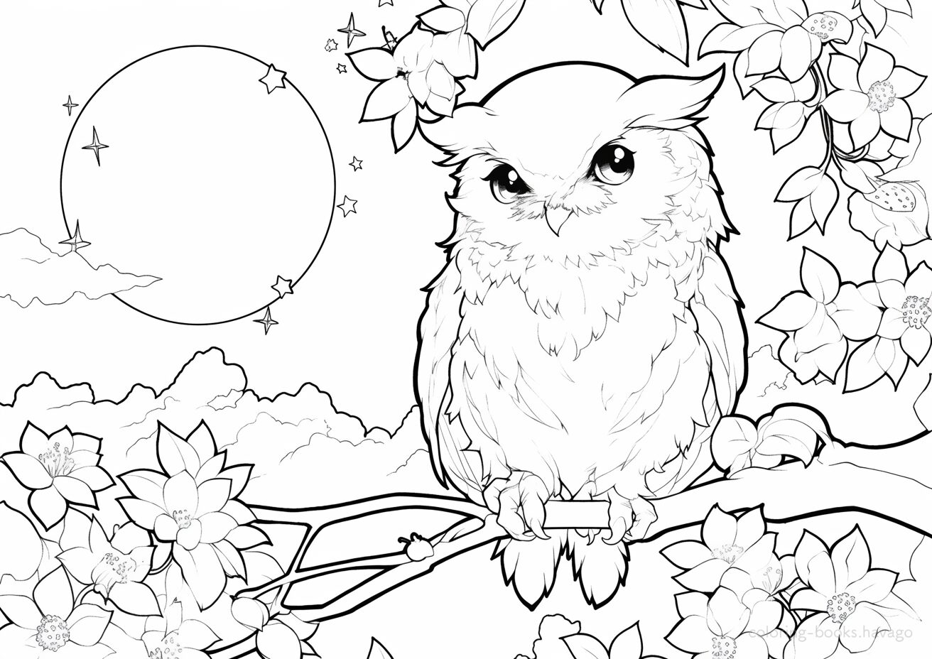 月夜の森で目覚めたフクロウの塗り絵 | ハバゴ