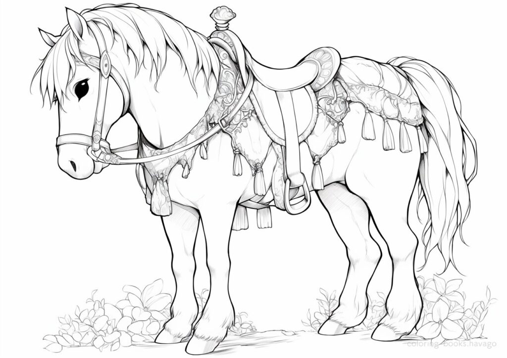 繊細な装飾の馬具を身につけたポニーの塗り絵 | ハバゴ