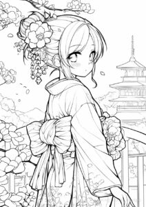 A girl in kimono visiting a temple coloring page. | havago