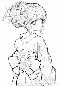 お花の着物が可愛い女の子の塗り絵 | ハバゴ