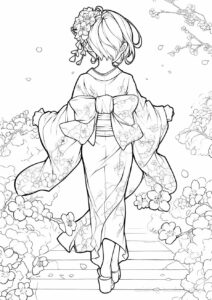 階段を駆け降りる着物姿の女の子の塗り絵 | ハバゴ