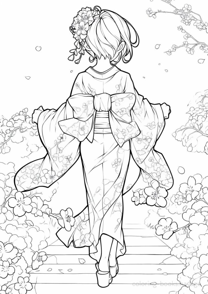 階段を駆け降りる着物姿の女の子の塗り絵 | ハバゴ