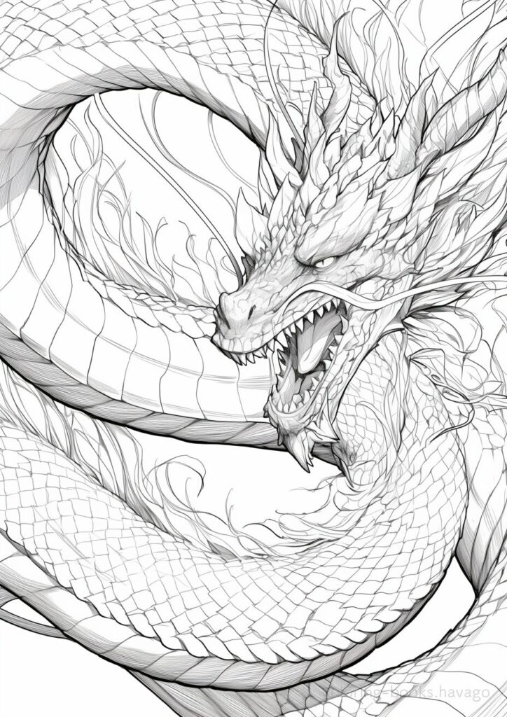 大きな口をあけた龍の塗り絵 | ハバゴ