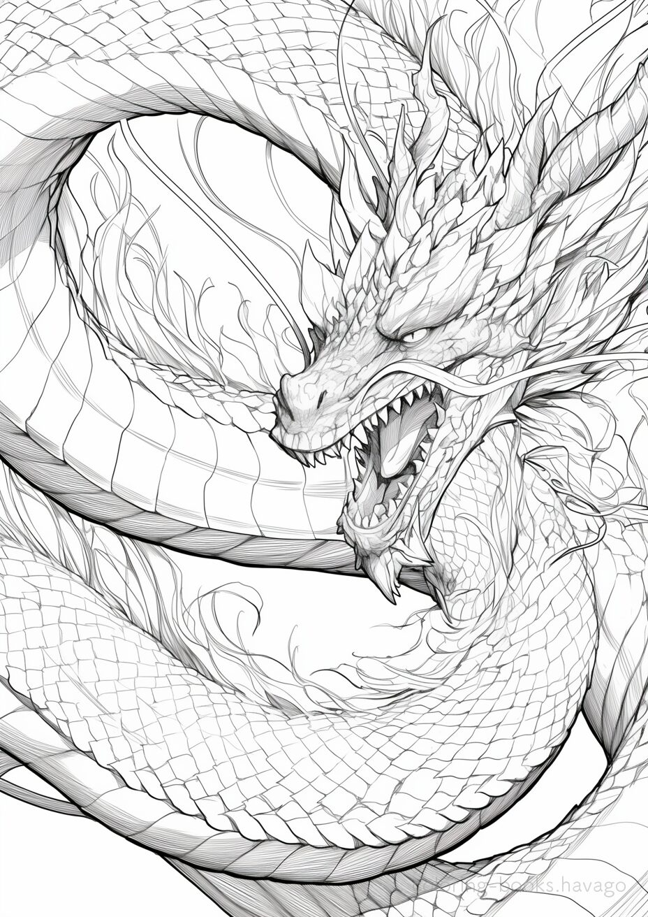 大きな口をあけた龍の塗り絵 | ハバゴ