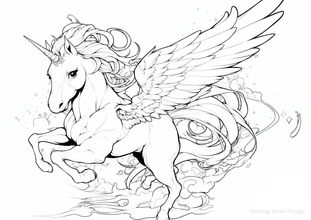 大きな翼で飛び立つペガサスの塗り絵 | ハバゴ
