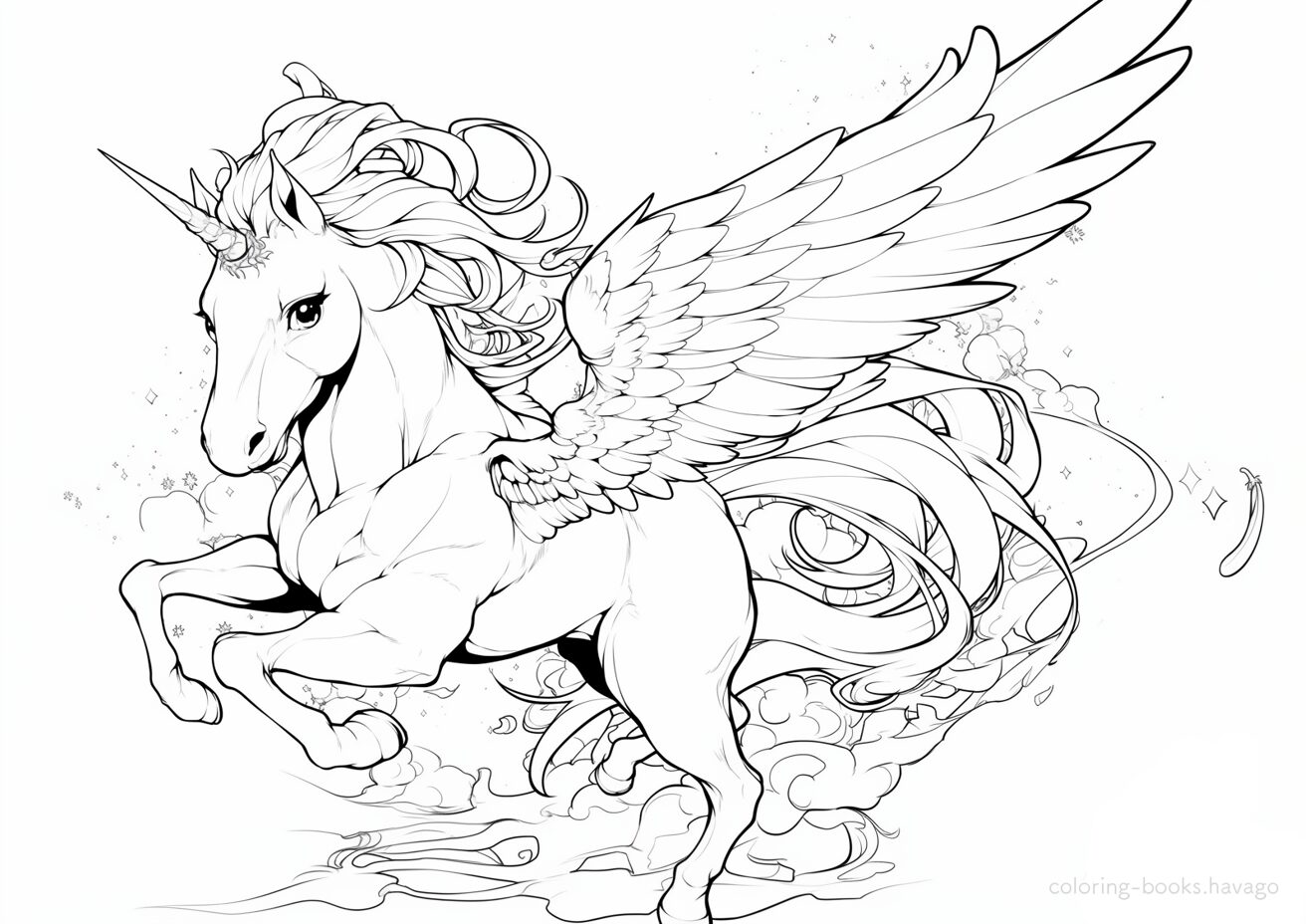 大きな翼で飛び立つペガサスの塗り絵 | ハバゴ