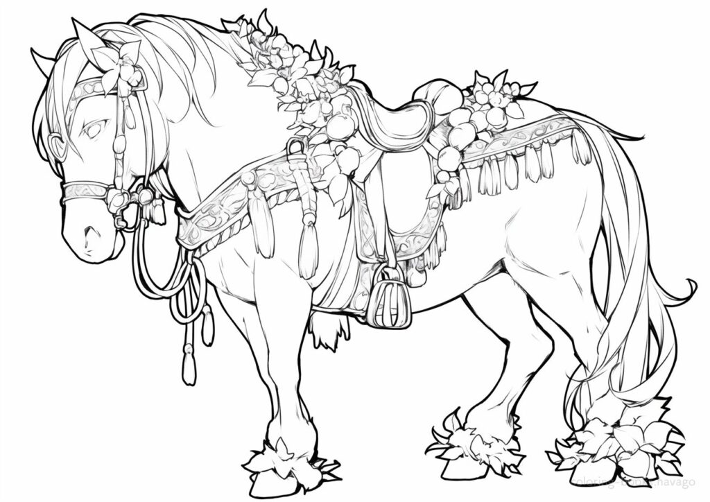 美しい馬具を身につけた馬の塗り絵 | ハバゴ