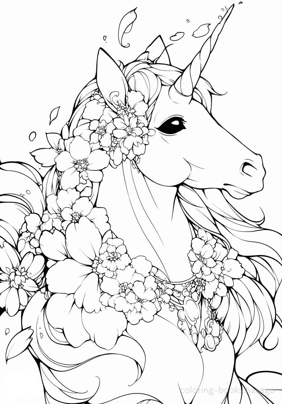 花を飾ったユニコーンの塗り絵 | ハバゴ