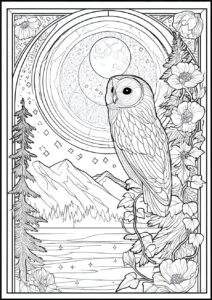 神秘的な月夜とフクロウの塗り絵 | ハバゴ