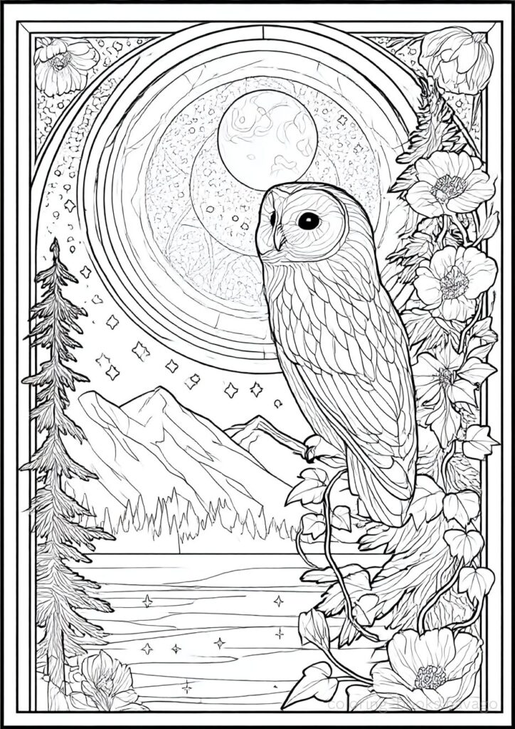 神秘的な月夜とフクロウの塗り絵 | ハバゴ