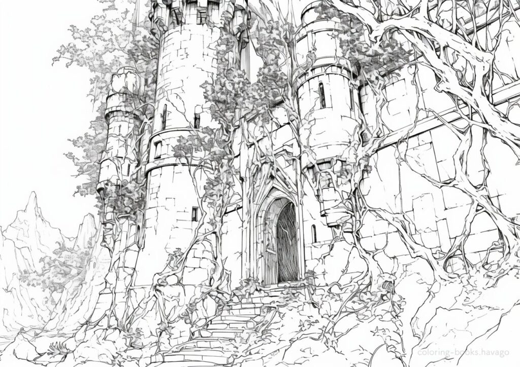 木の根が蔓延る古城の塗り絵 | ハバゴ