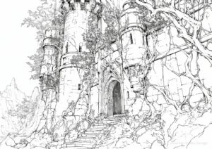 木の根が蔓延る古城の塗り絵 | ハバゴ