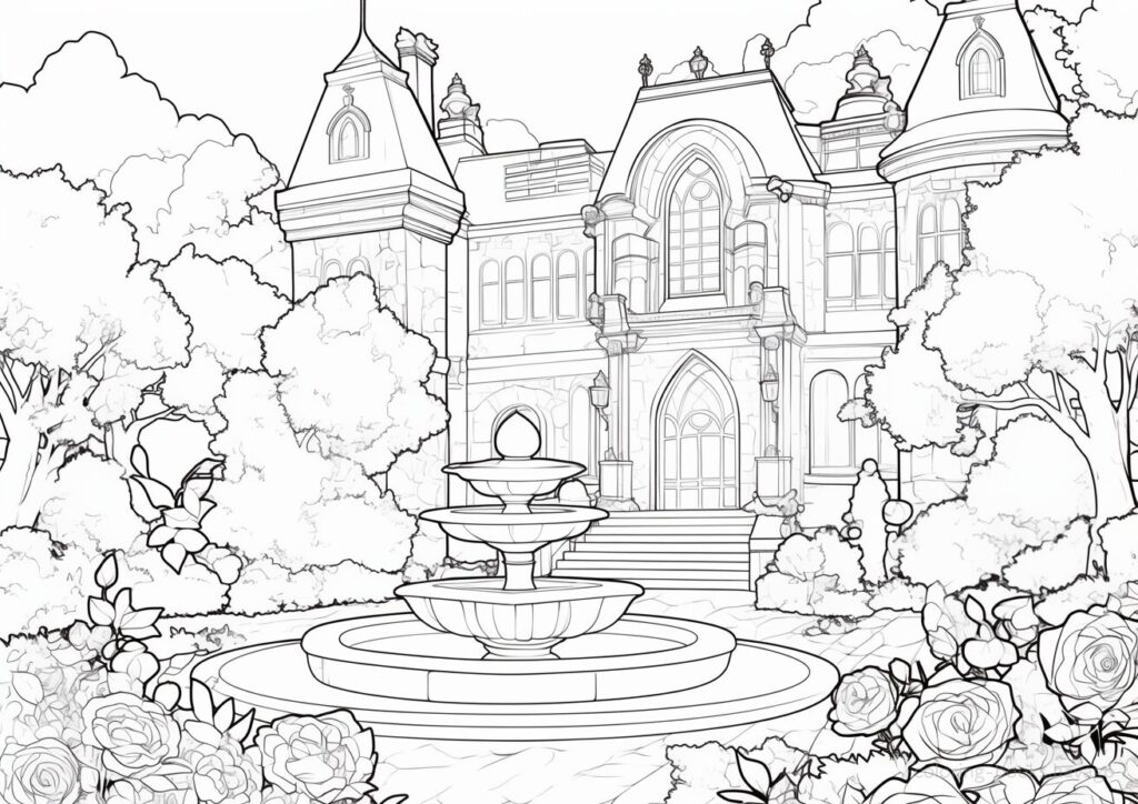 バラが咲く噴水のある庭の塗り絵 | ハバゴ