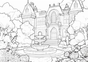 バラが咲く噴水のある庭の塗り絵 | ハバゴ