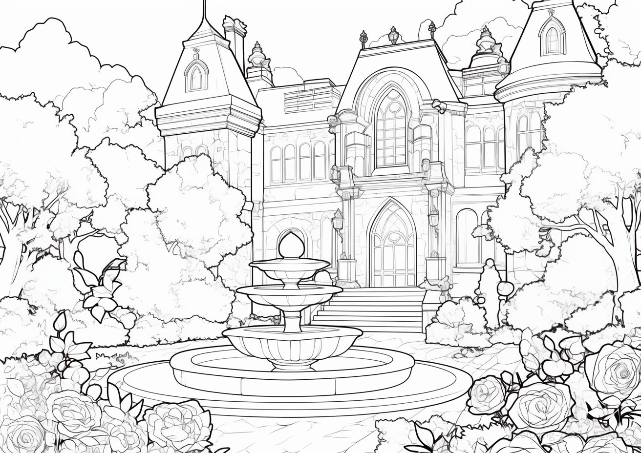 バラが咲く噴水のある庭の塗り絵 | ハバゴ