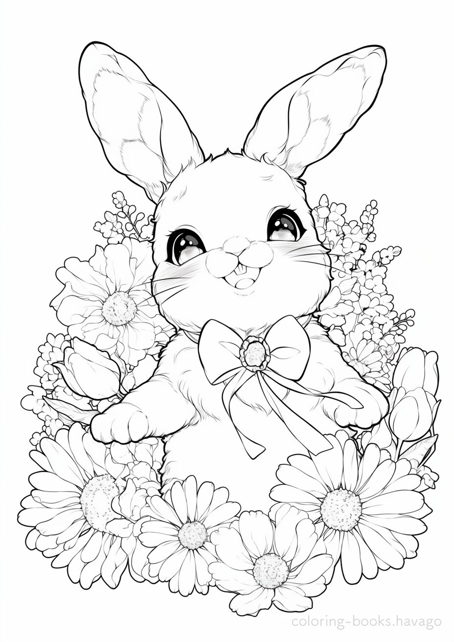 A Happy Rabbit Surrounded by Flowers Coloring Page. | havago