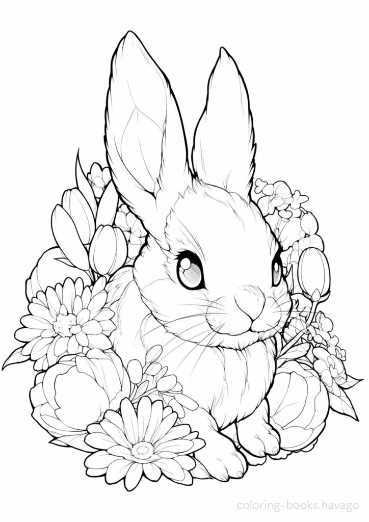 花束から顔をだすうさぎの塗り絵 | ハバゴ